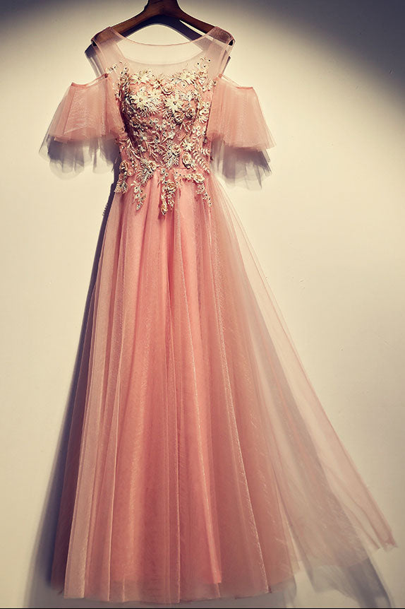 Pink round neck tulle lace long prom dress, pink tulle evening dress