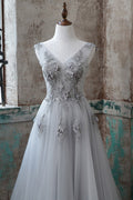 Gray v neck lace applique tulle long prom dress, gray evening dress