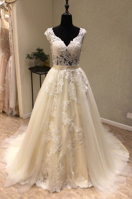 White v neck tulle lace long prom dress, white tulle wedding dress