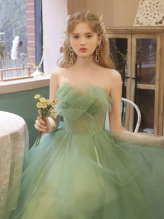 Green Sweetheart Neck Tea Length Tulle Prom Dresses,