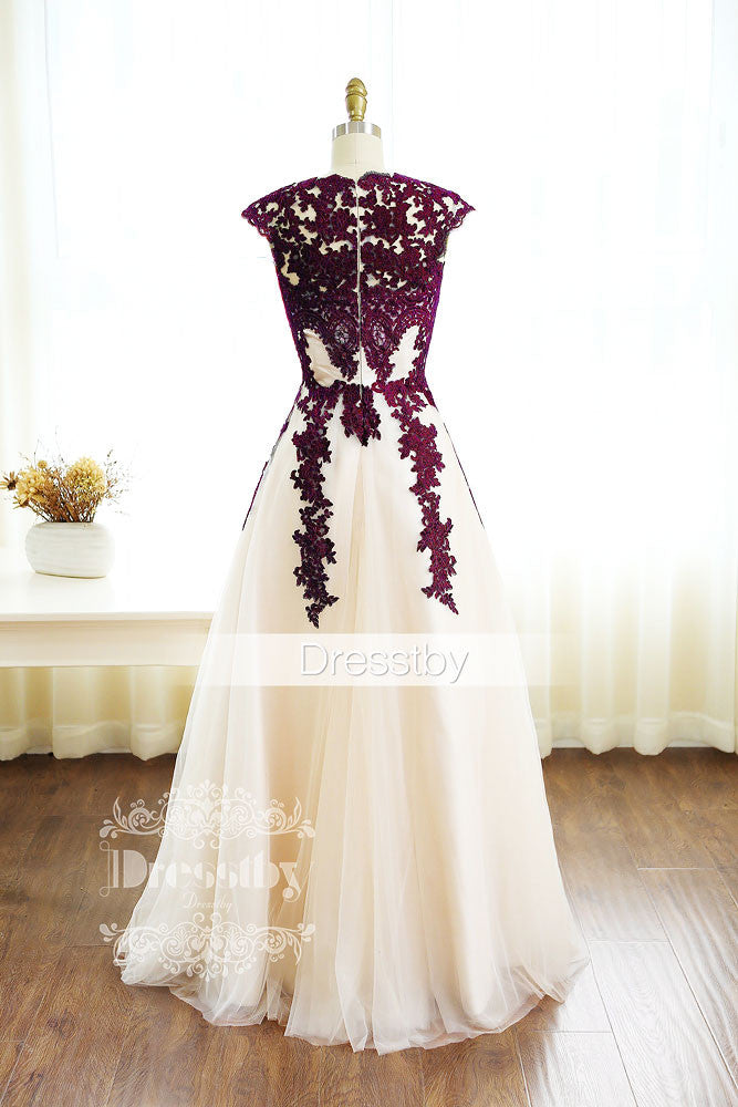 Burgundy lace tulle long prom dress, burgundy bridesmaid dress