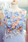 Blue round neck chiffon 3D applique short prom dress, blue homecoming dress