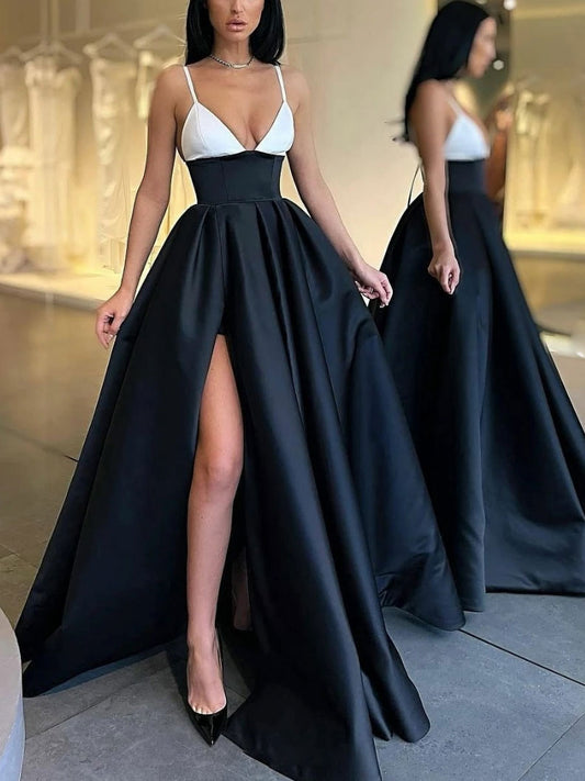 Simple black satin long prom dress, black evening dress