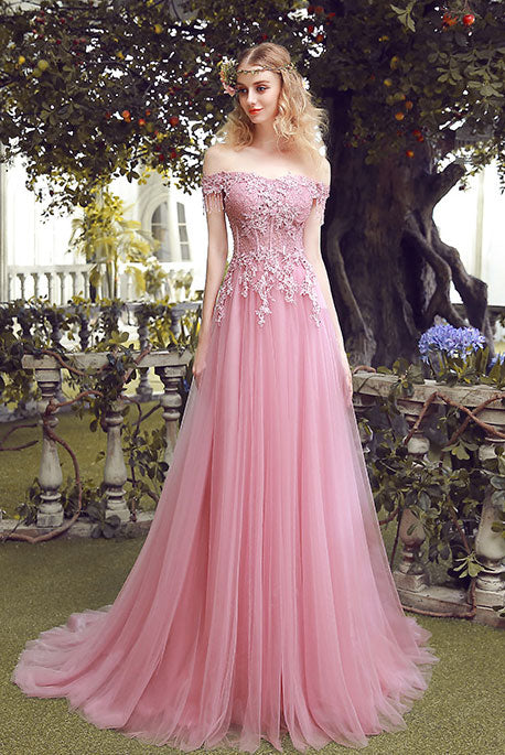 Pink off shoulder lace tulle long prom dress, pink bridesmaid dress