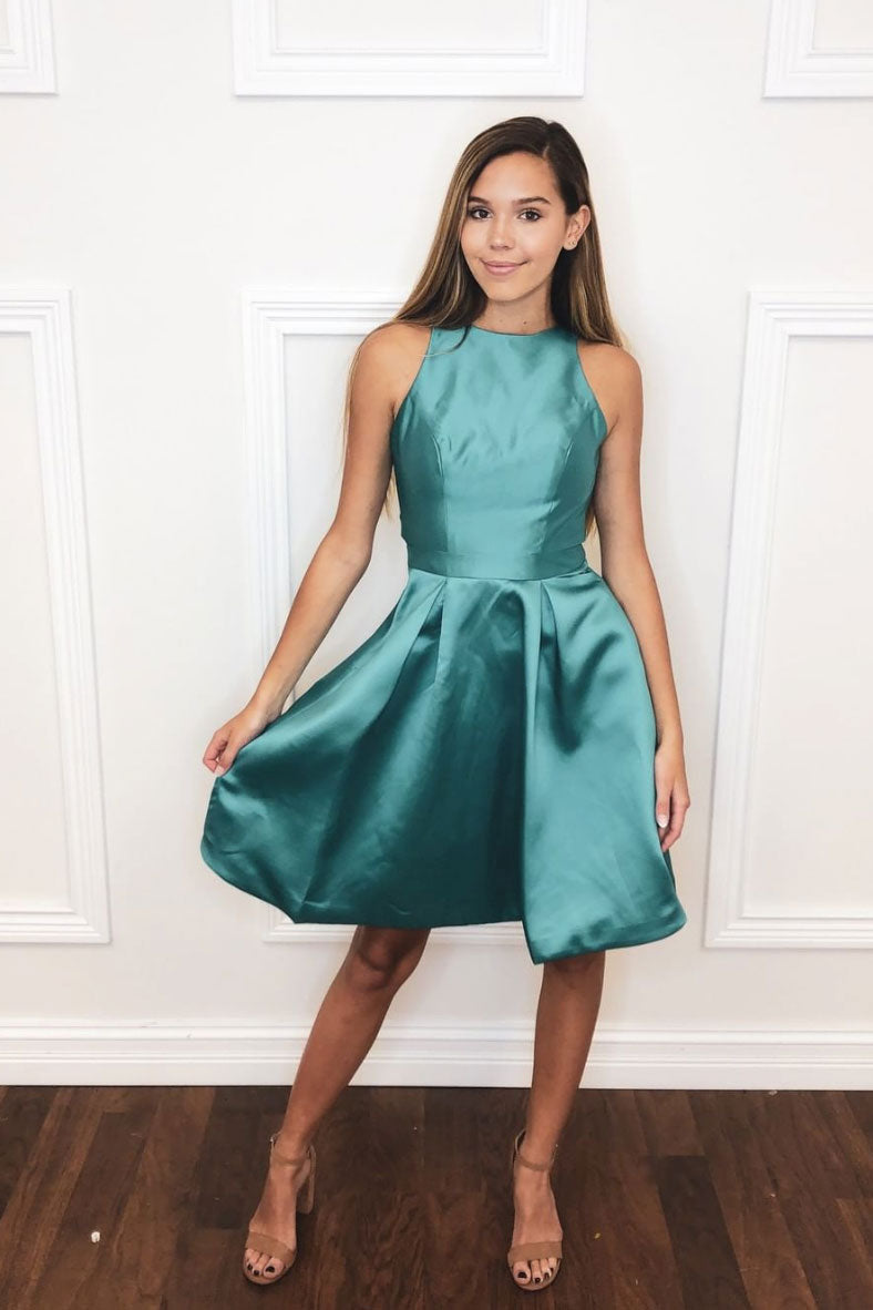 Simple green satin short prom dress green homecoming dress