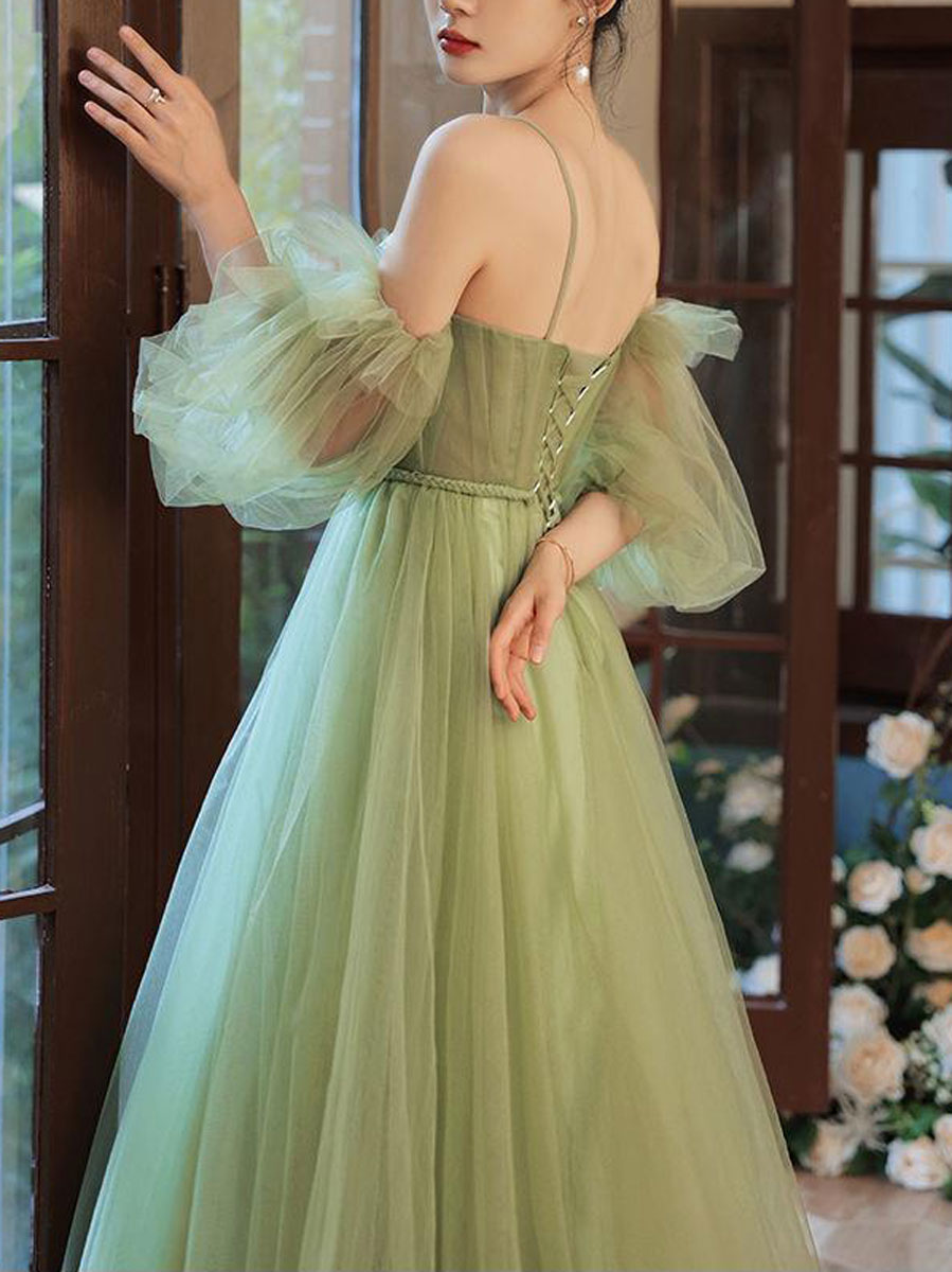 Simple green tulle A line long prom dress, green evening dress