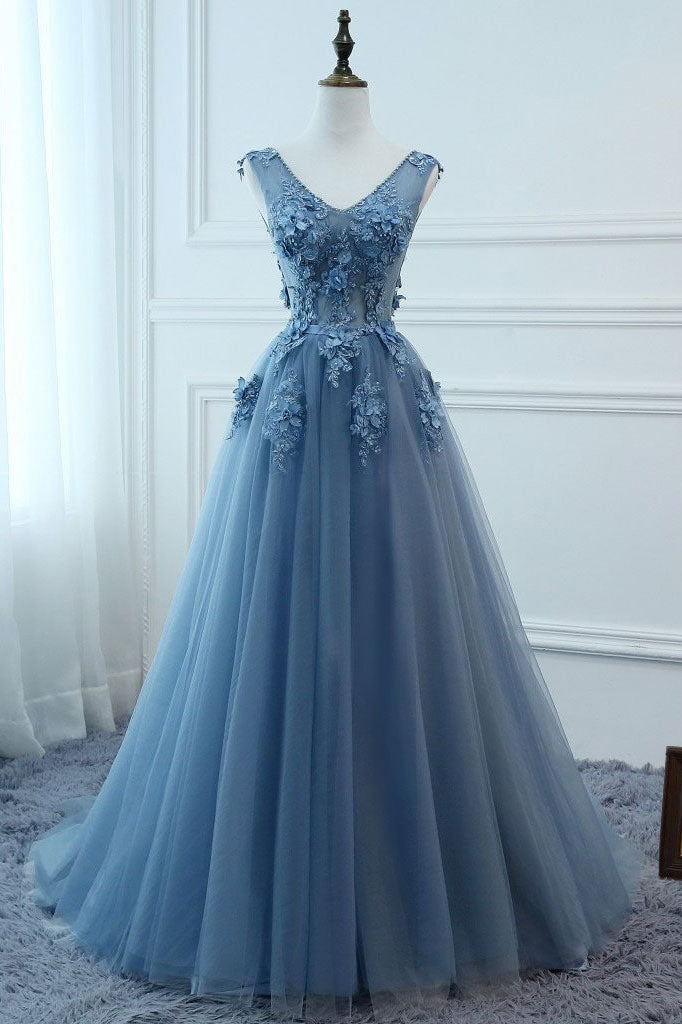 Blue v neck tulle lace long prom dress, blue tulle evening dress – dresstby