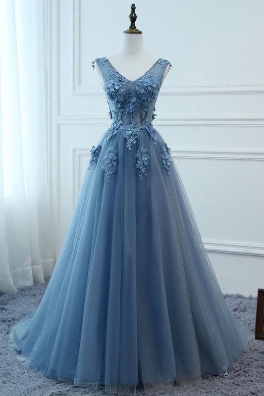 Blue v neck tulle lace long prom dress, blue tulle evening dress