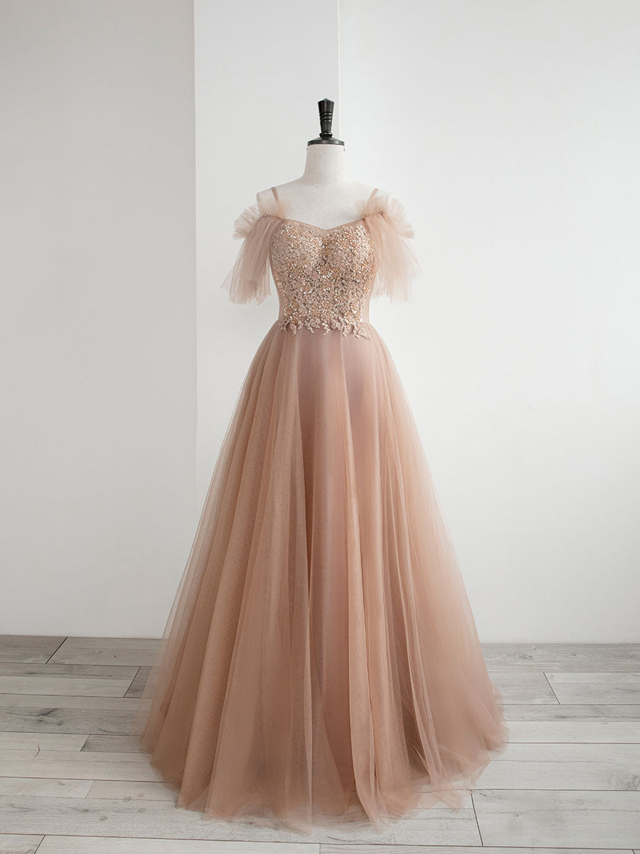 Champagne A line tulle lace long prom dress, champagne evening dress