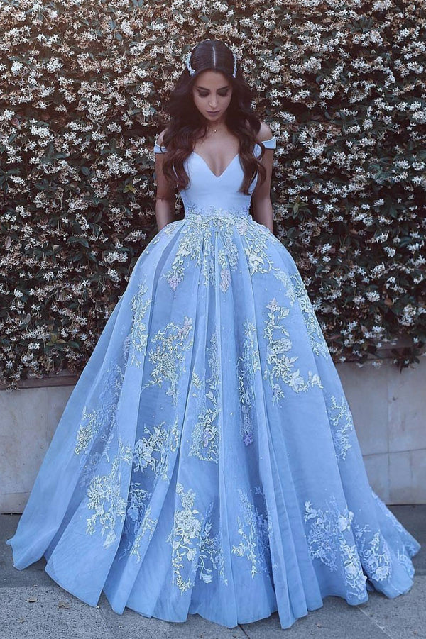 Blue tulle lace off shoulder long prom dress, blue tulle evening dress
