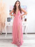 Simple pink v neck tulle long prom dress tulle formal dress