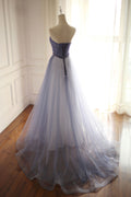Blue sweetheart tulle beads long prom dress, blue evening dress