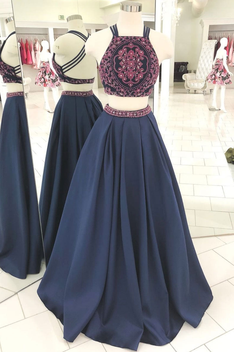 Dark blue two pieces beads long prom dress, blue evening dress