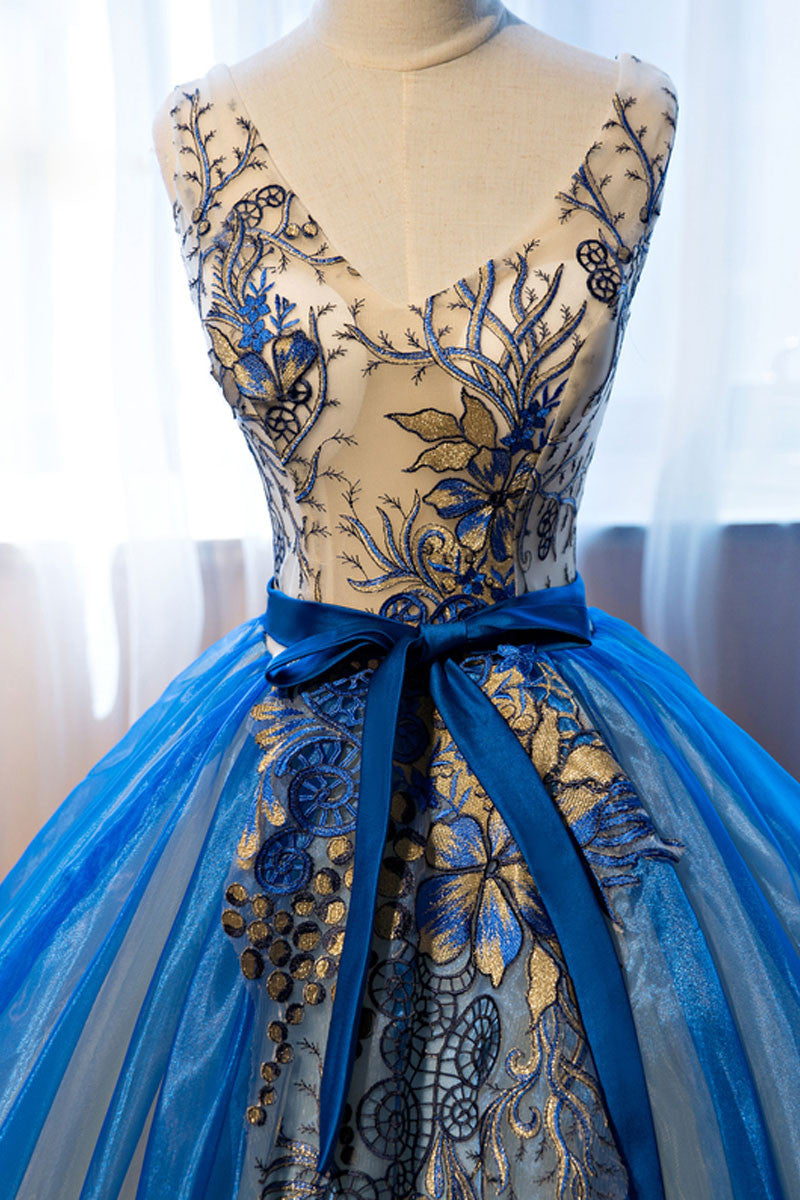 Unique v neck blue embroidery long prom dress, sweet 16 dress