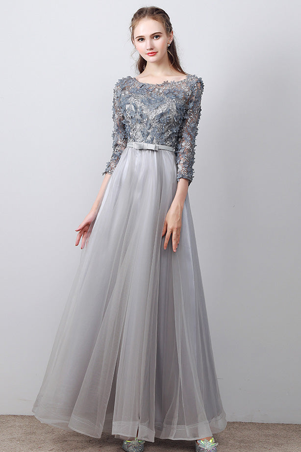 Gray round neck tulle applique tea long prom dress, evening dress