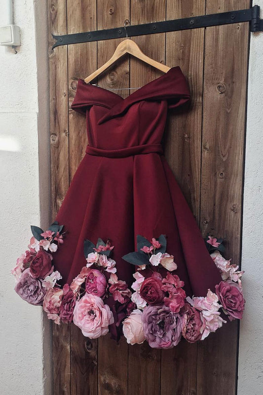 Burgundy tulle applique short prom dress, burgundy homecoming dress