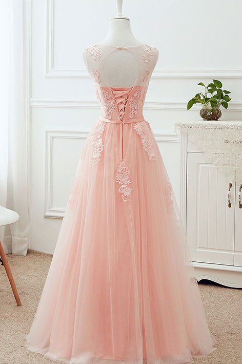 Pink round neck tulle lace applique long prom dress