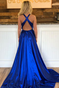 Simple v neck blue satin long prom dress blue formal dress