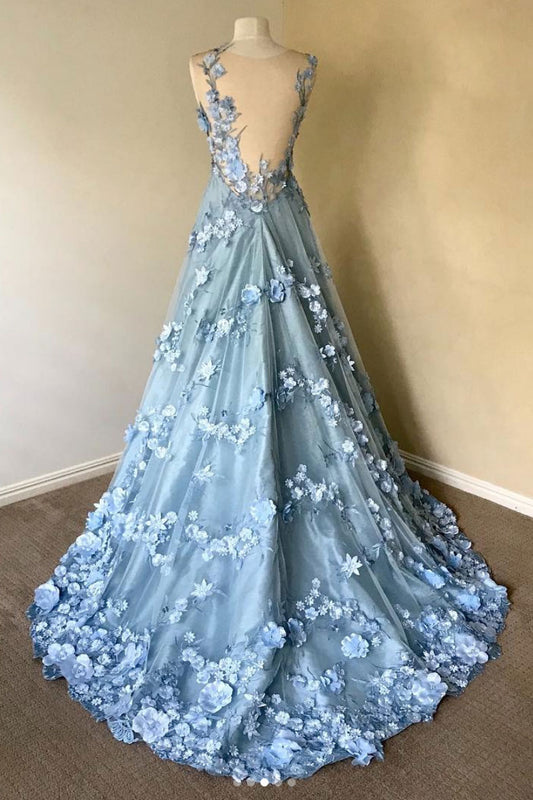 Blue round neck lace long prom dress, blue lace evening dress