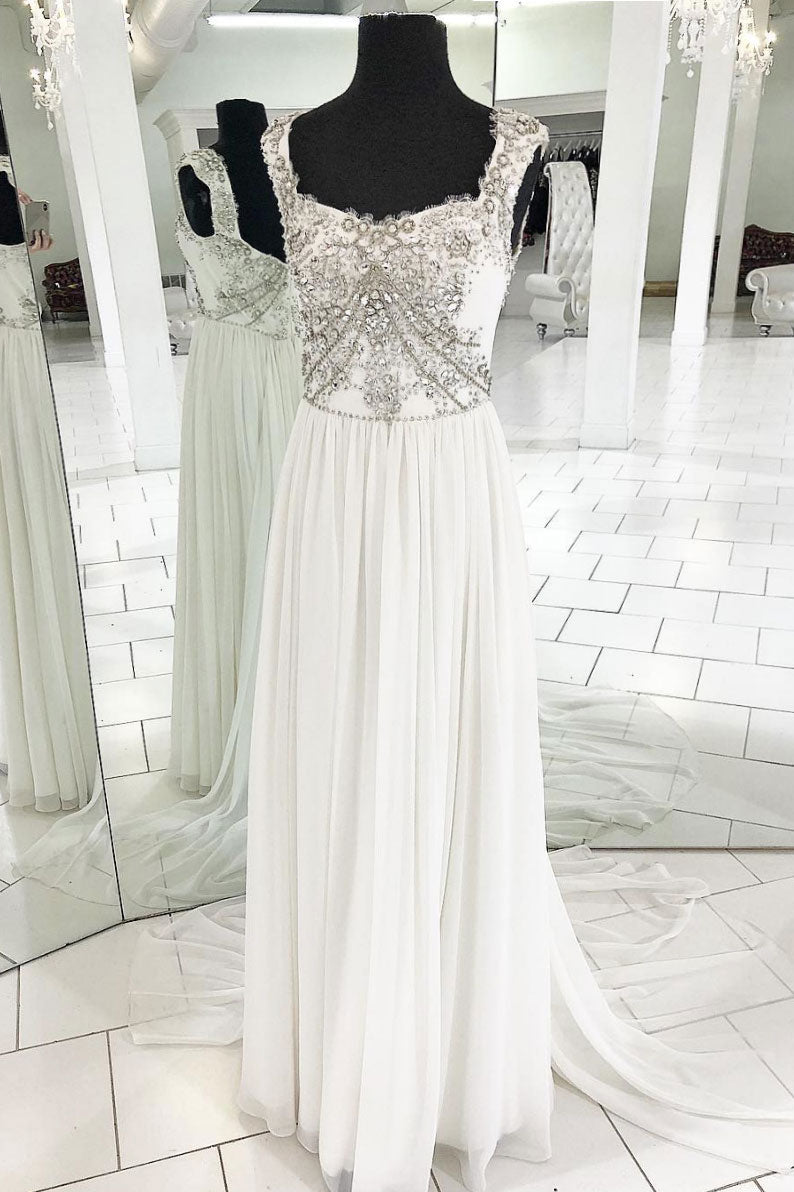 White chiffon beads sequin long prom dress, white evening dress
