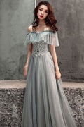 Gray tulle lace long prom dress, gray lace evening dress