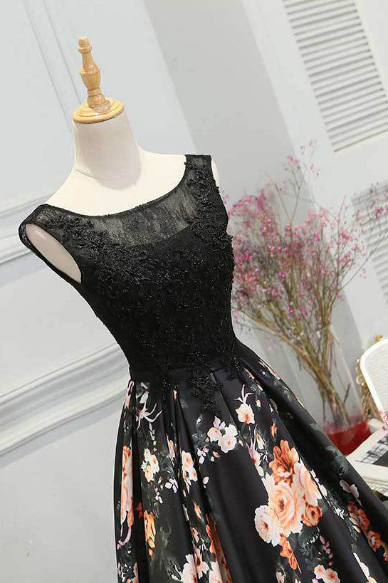 Black round neck long prom dress, black evening dress