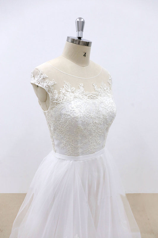White round neck tulle lace long prom dress, white lace wedding dress