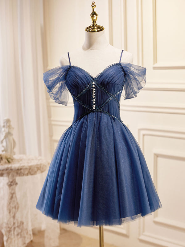 Dark Blue V Neck Tulle Short Prom Dress, Blue Homecoming Dress