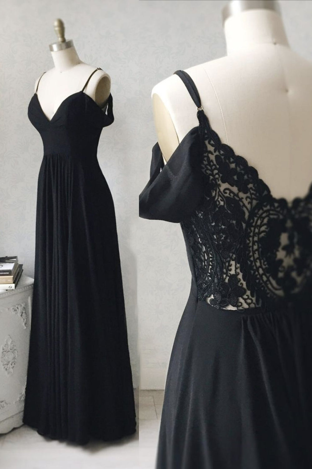 Black v neck chiffon lace long prom dress black evening dress