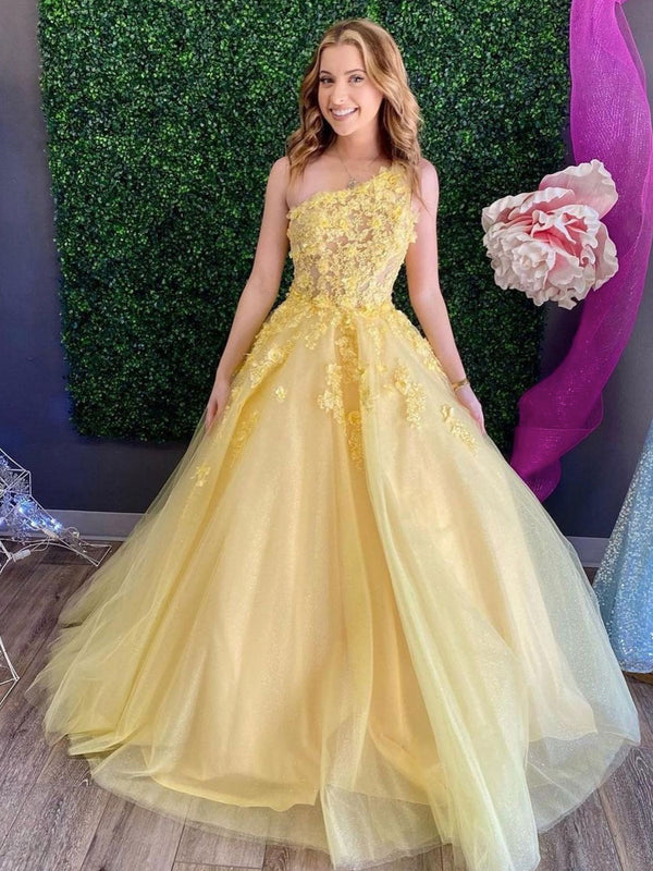Yellow one tulle lace long prom dress, yellow tulle formal dress
