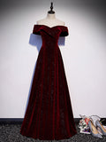 A-Line Off Shoulder Velvet Burgundy Long Prom Dress, Burgundy Formal Dress