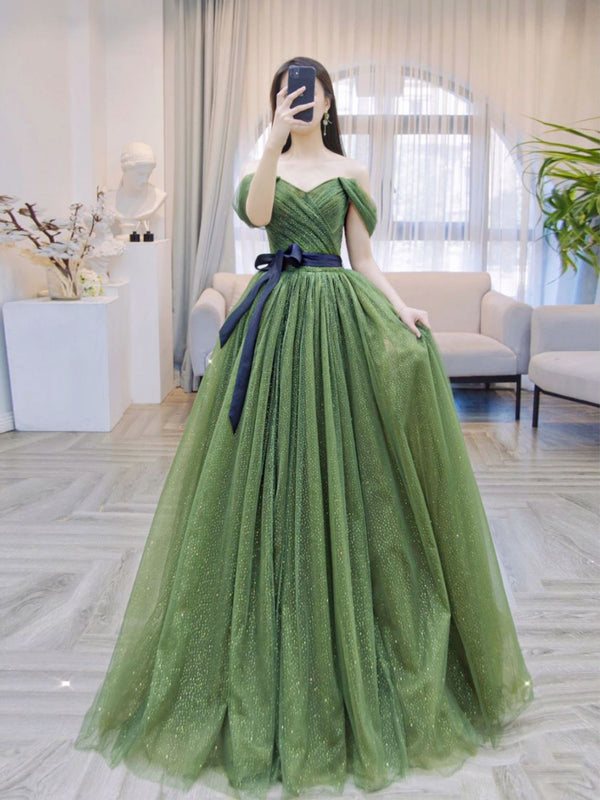 A-Line Off Shoulder Tulle Green Long Prom Dress, Green Formal Dresses