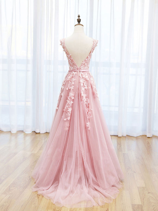 A-Line Lace Pink Long Prom Dress, Pink Lace Long Formal Dress Party Dress