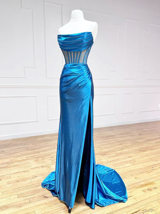 Blue Satin Long Prom Dress, Mermaid Blue Formal Evening Dresses