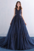 Dark blue v neck tulle lace long prom dress, blue evening dress