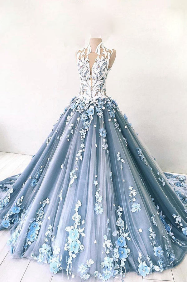 Unique blue tulle lace long prom dress, blue lace tulle evening dress