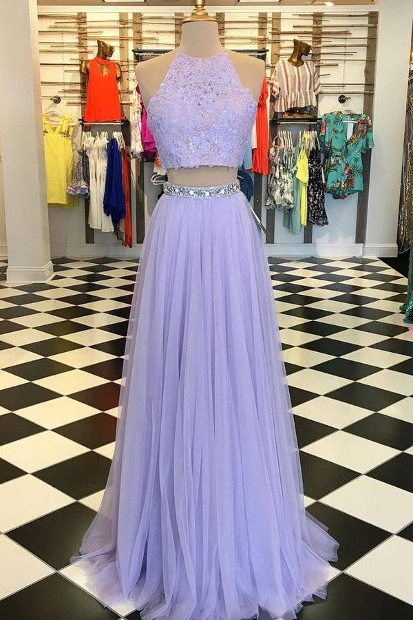 Purple tulle two pieces lace long prom dress, purple evening dress