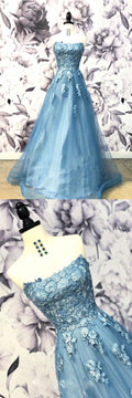 Blue sweetheart neck tulle applique long prom dress, blue evening dress