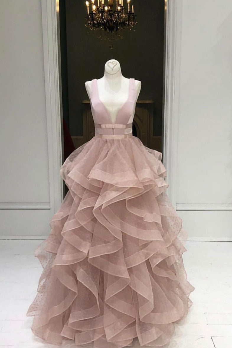 Pink tulle long prom dress, pink tulle long evening dress
