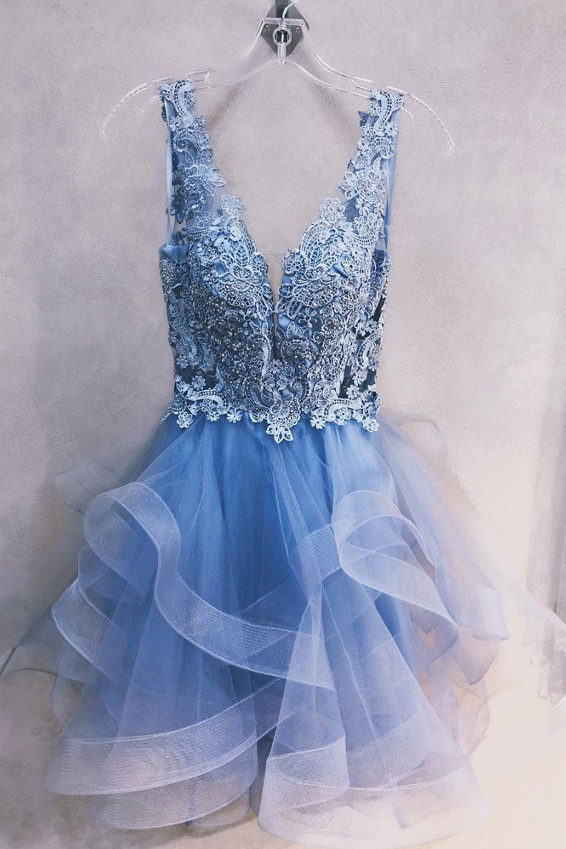 Blue v neck tulle lace short prom dress, blue homecoming dress