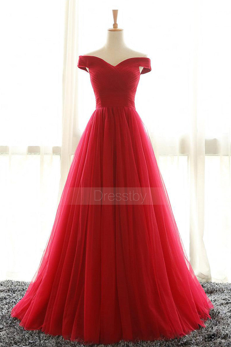 Simple red off shoulder tulle long prom dress, red evening dress