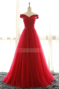 Simple red off shoulder tulle long prom dress, red evening dress