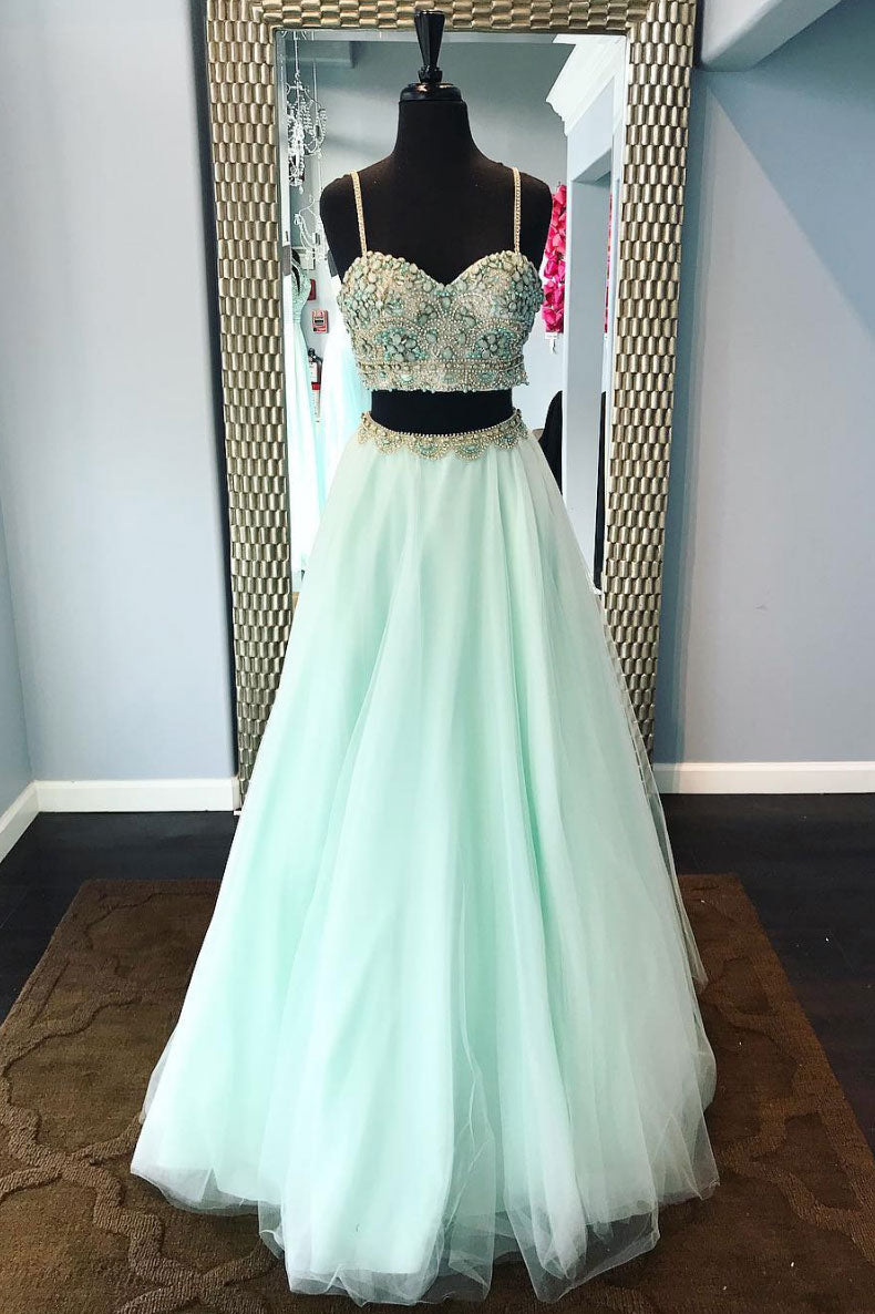 Green beads two pieces tulle long prom dress, green evening dress