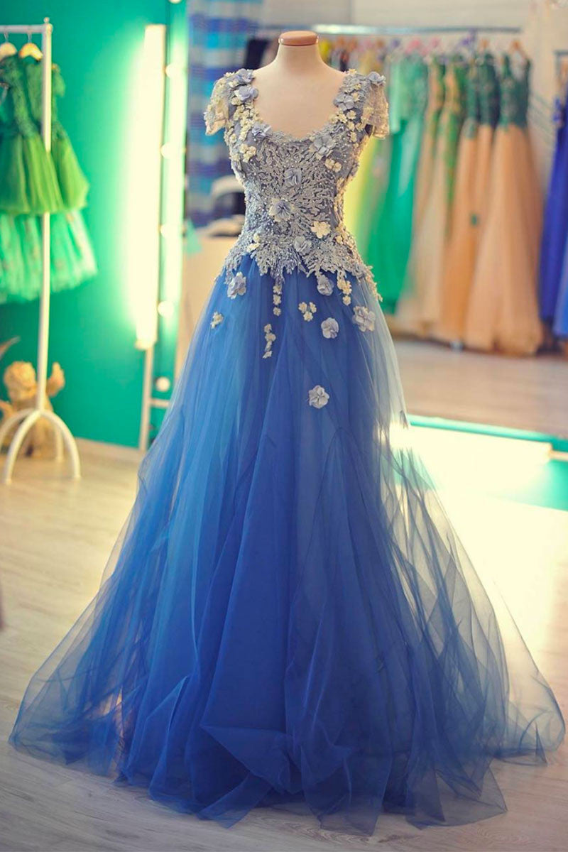 Unique lace applique tulle blue long prom dress, blue evening dress