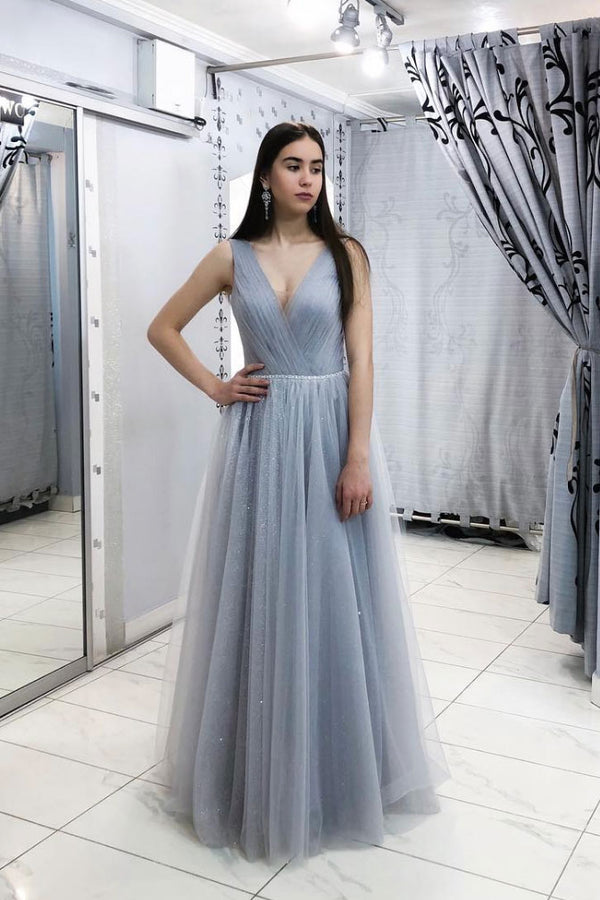 Simple gray v neck tulle long prom dress, gray tulle evening dress