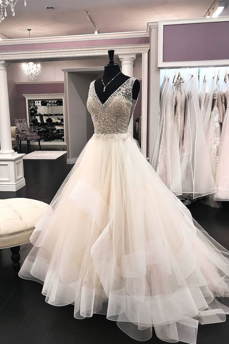 Unique v neck beads tulle long prom dress, tulle evening dress