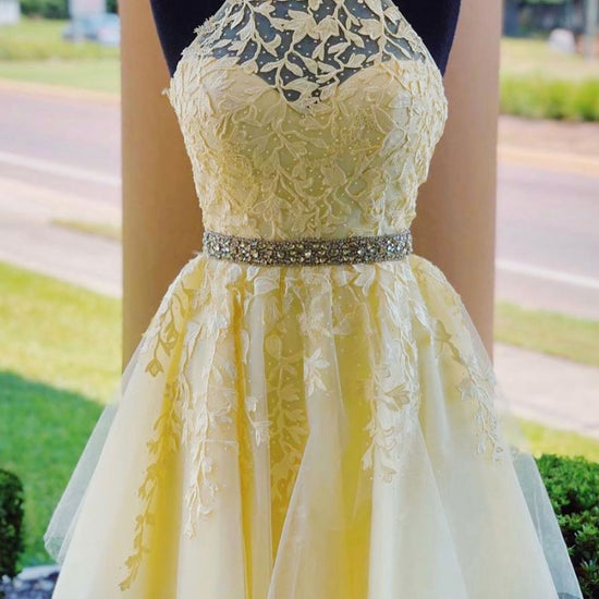 Yellow tulle lace short prom dress yellow homecoming dress  dresstby