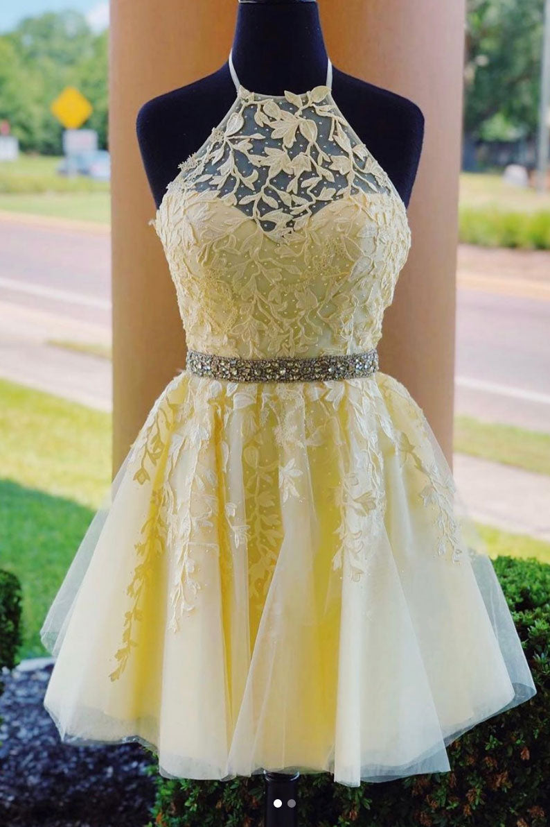 Yellow tulle lace short prom dress yellow homecoming dress