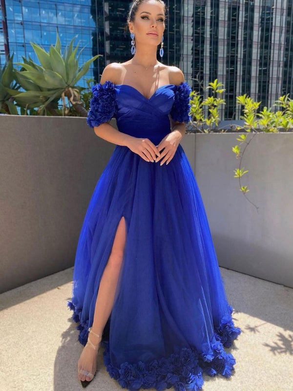 Royal blue tulle long prom dress. blue tulle long evening dress