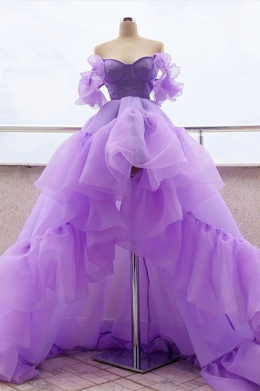 Purple tulle high low prom dress, purple evening dress